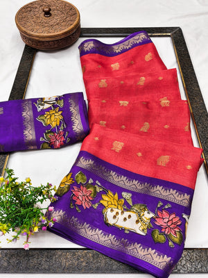 Peachmode Red Cow Motif Border Art Silk Saree - Image 2