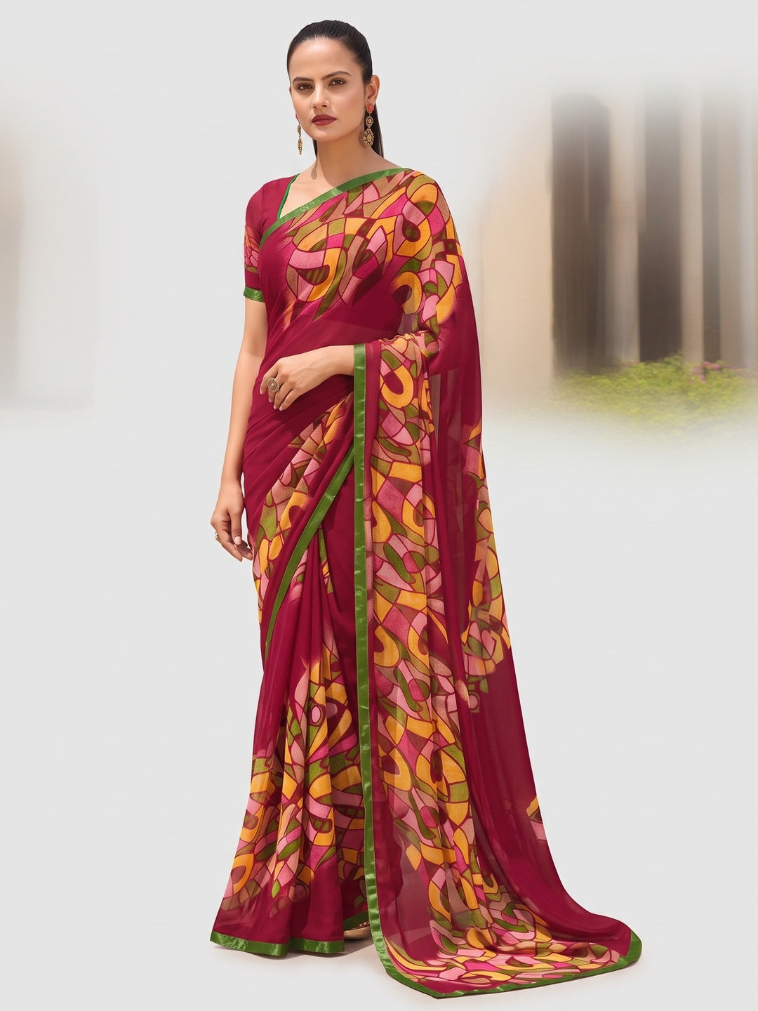 Magenta Pink Printed Georgette Saree - Image 3