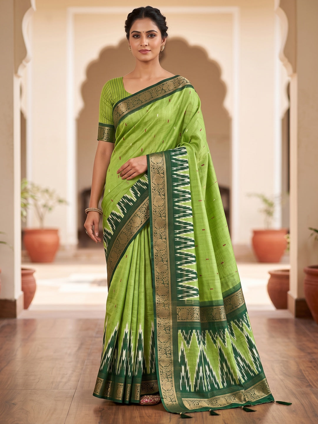 Peachmode Lime Green Ikat Art Silk Saree - Image 1