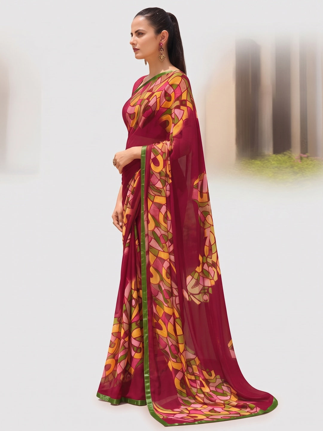 Magenta Pink Printed Georgette Saree - Image 5