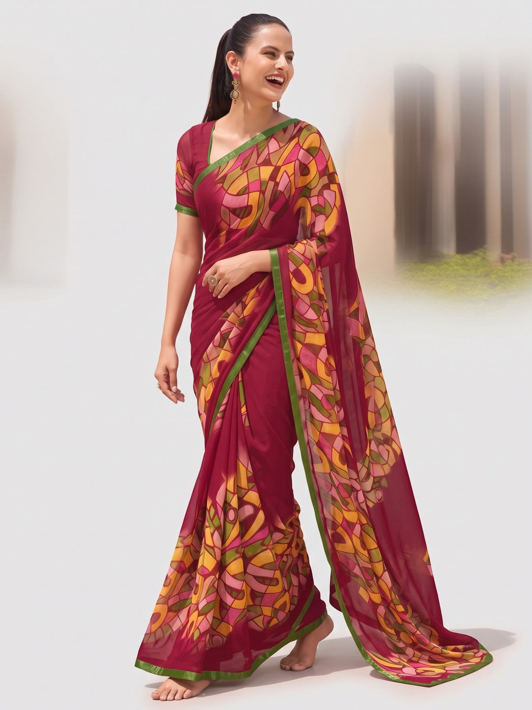 Magenta Pink Printed Georgette Saree - Image 6