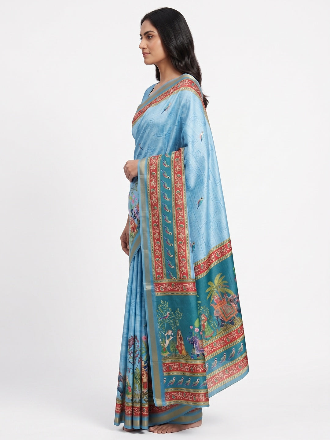 Blue Dola Silk Saree With Majestic Elephant & Vibrant Peacock Digital Prints - Image 2