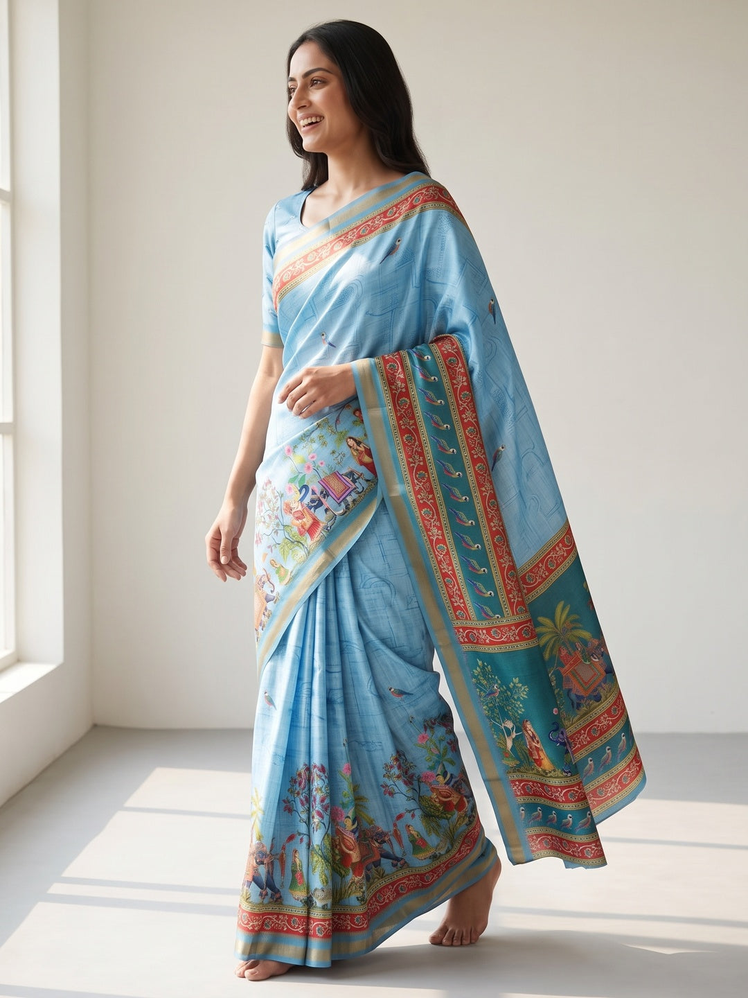 Blue Dola Silk Saree With Majestic Elephant & Vibrant Peacock Digital Prints - Image 3