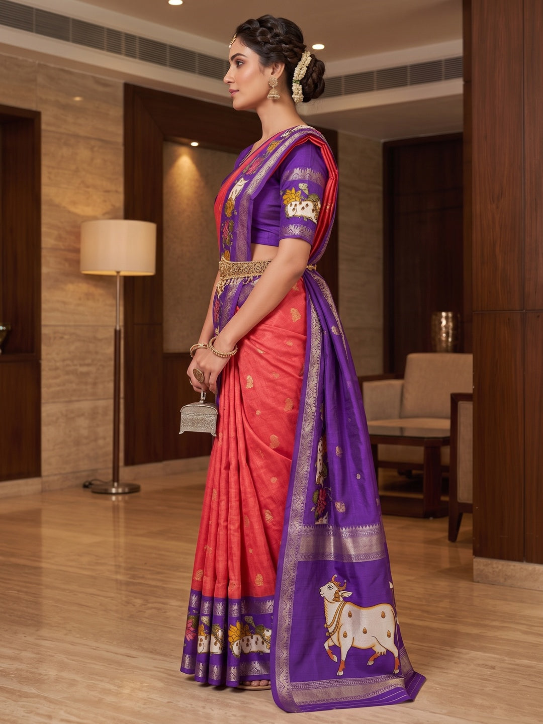 Peachmode Red Cow Motif Border Art Silk Saree - Image 4