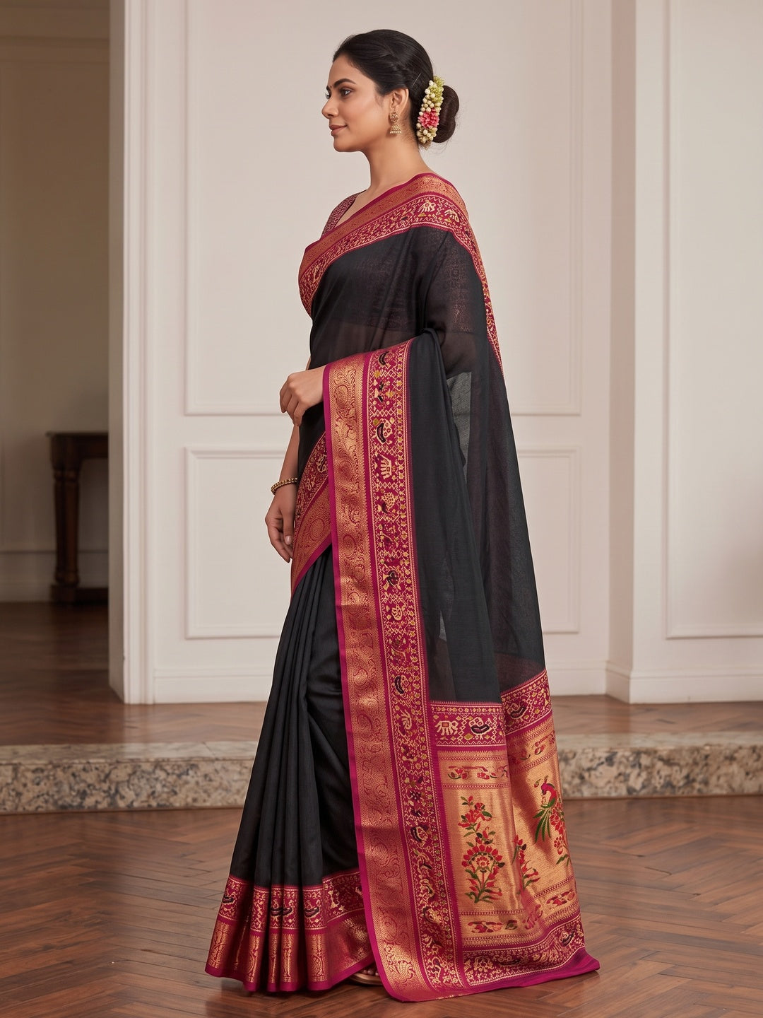 Peachmode Black Patola Border Art Silk Saree - Image 4