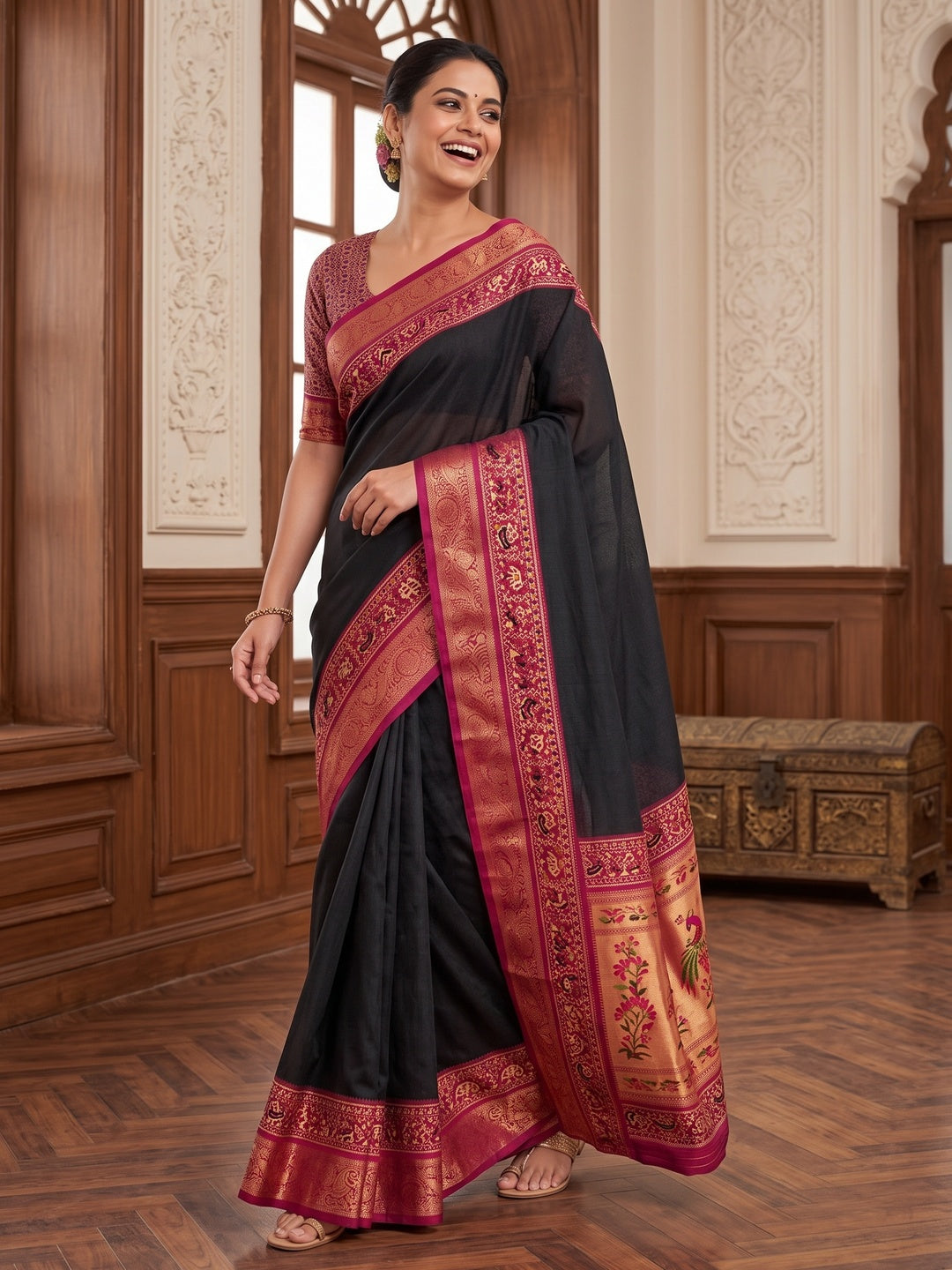 Peachmode Black Patola Border Art Silk Saree - Image 5