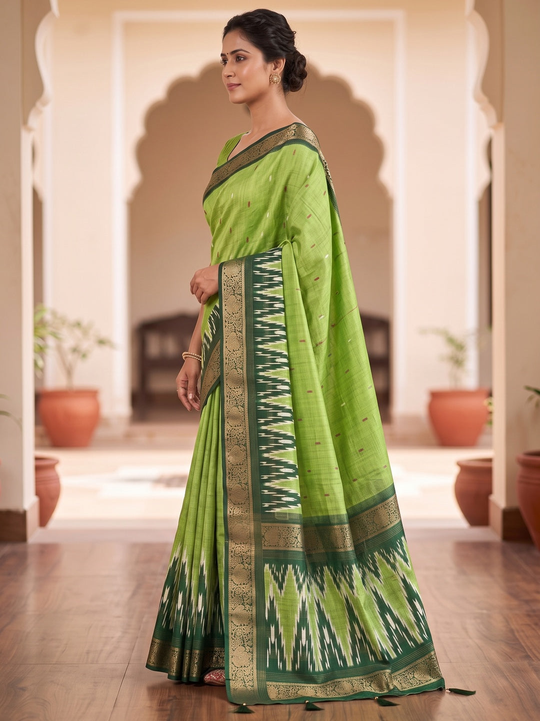 Peachmode Lime Green Ikat Art Silk Saree - Image 4