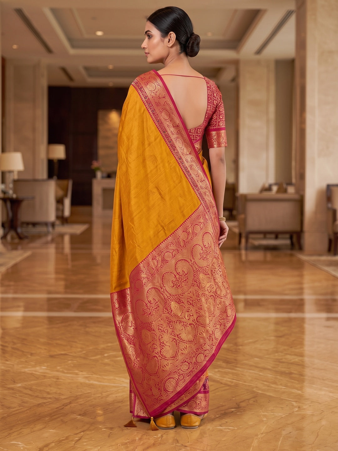 Peachmode Mustard Patola Border Art Silk Saree - Image 3