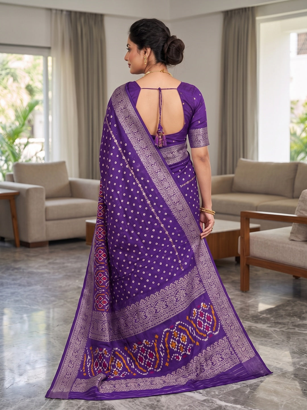 Peachmode Purple Bandhani Art Silk Saree - Image 4