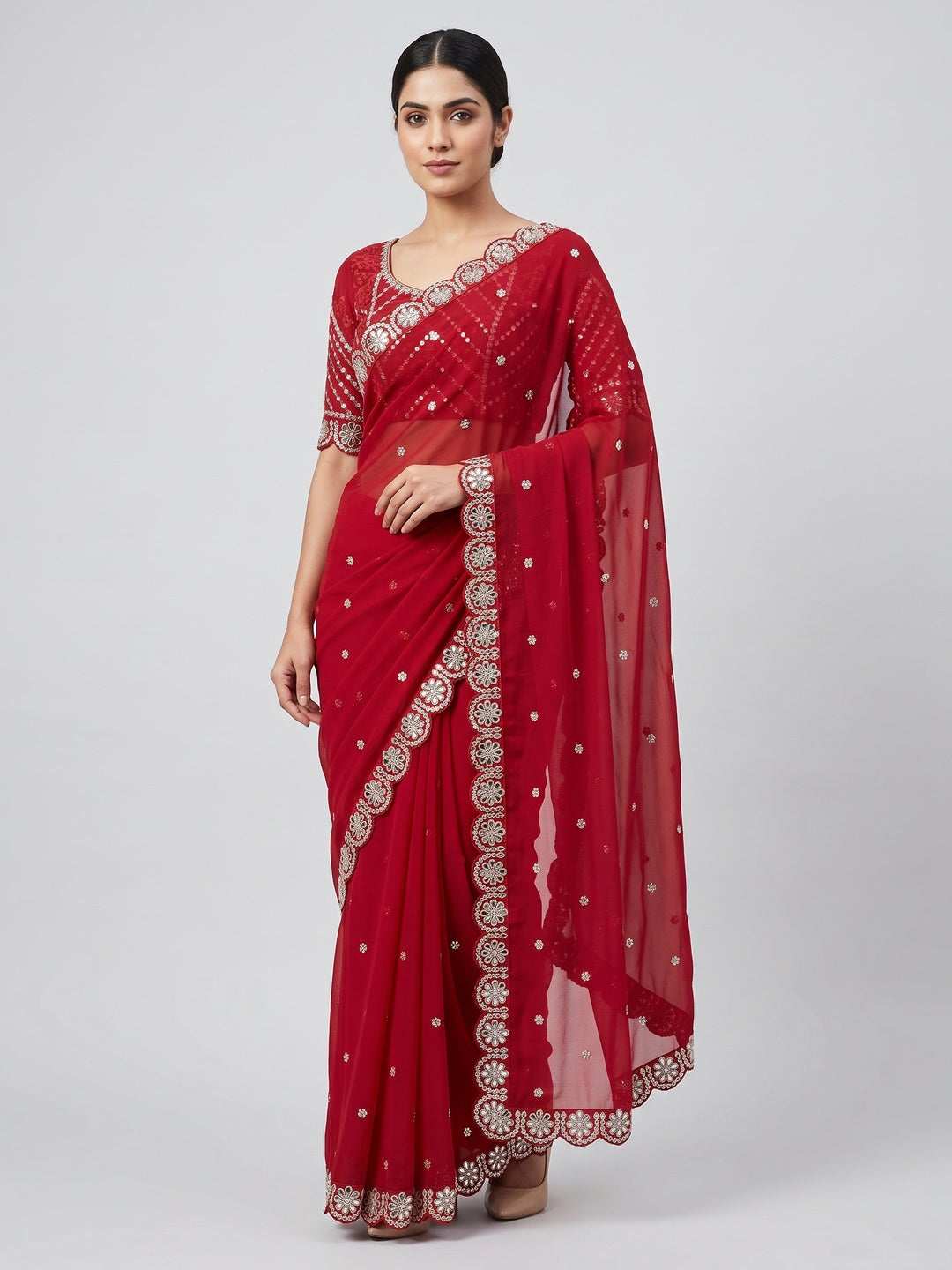 Red Sequins Embellished Georgette Saree with Glamorous Party-Wear Finish - Image 1