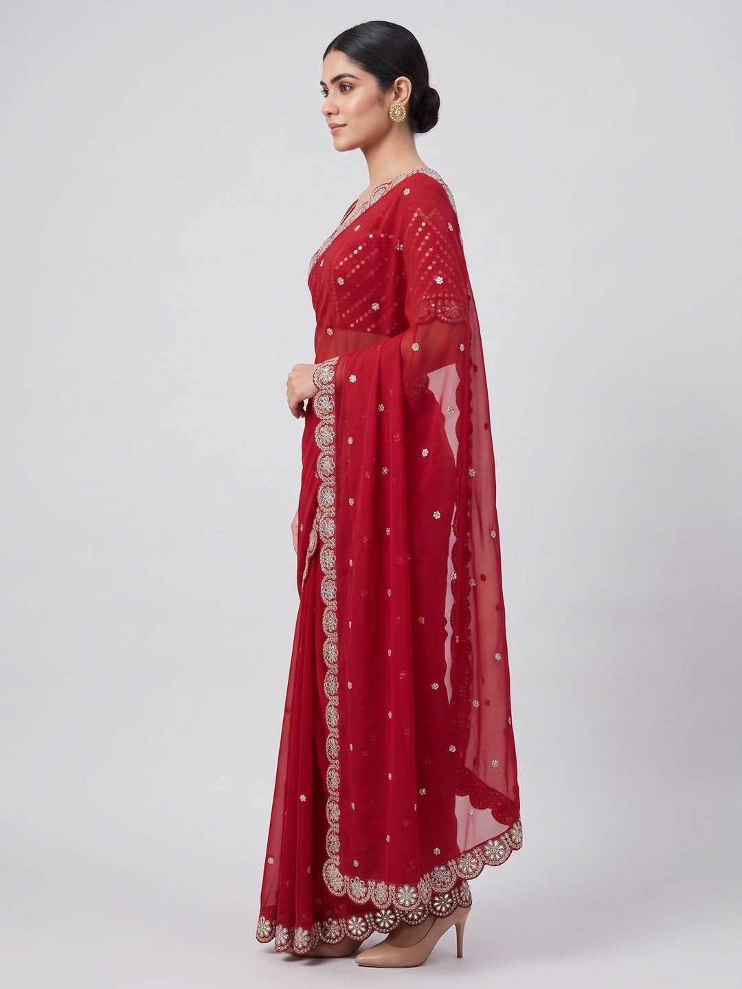 Red Sequins Embellished Georgette Saree with Glamorous Party-Wear Finish - Image 3