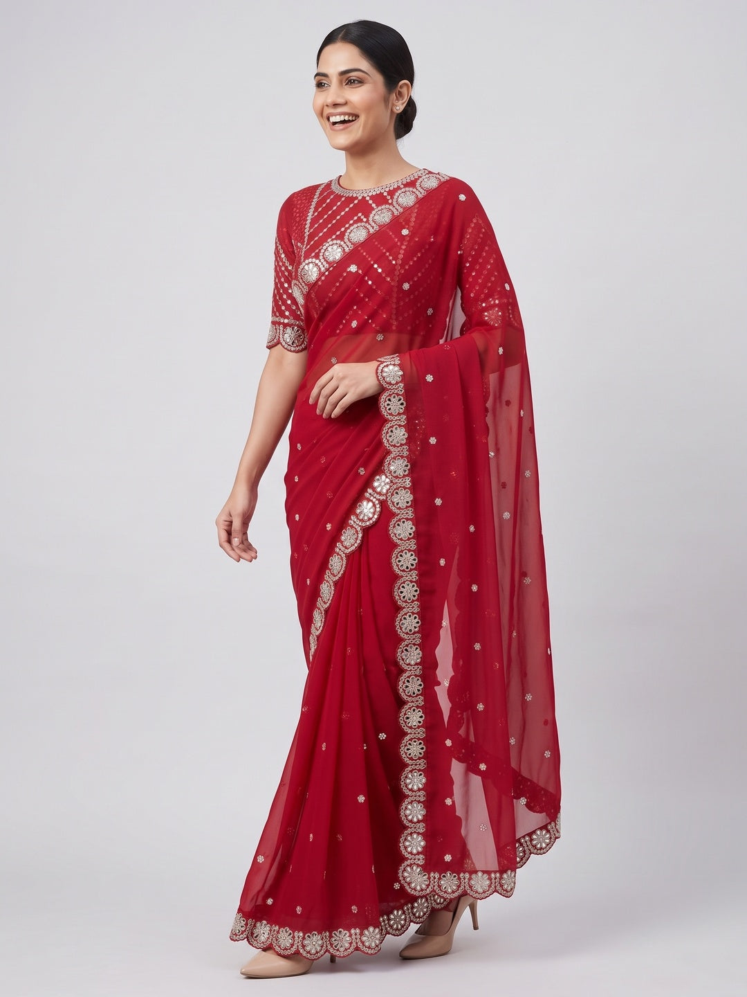 Red Sequins Embellished Georgette Saree with Glamorous Party-Wear Finish - Image 4