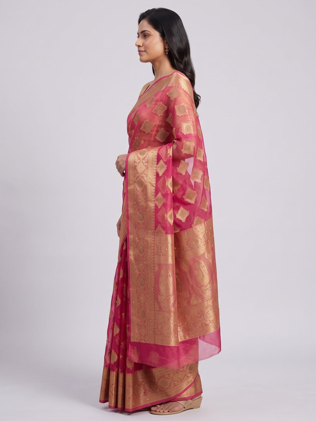 Rani Pink Woven With Stonework Organza Jacquard Saree - Image 3