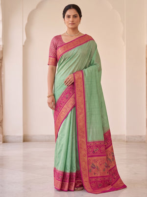 Peachmode Mint Green Patola Border Art Silk Saree - Image 1