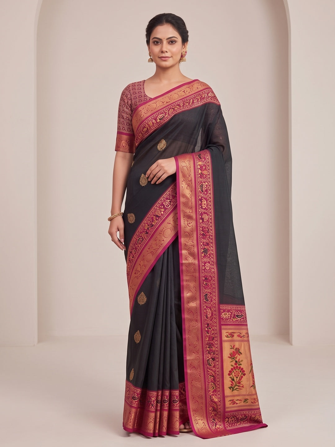 Peachmode Black Patola Border Art Silk Saree - Image 1