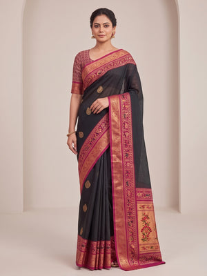 Peachmode Black Patola Border Art Silk Saree - Image 1