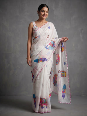 Stylish White Linen Saree with Multicolor Printed Motifs Minimal Elegant Look - Image 1