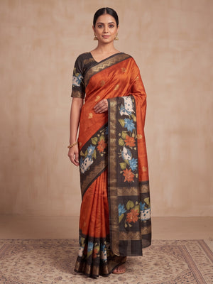 Peachmode Orange Cow Motif Border Art Silk Saree - Image 1