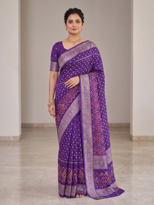 Peachmode Purple Bandhani Art Silk Saree - Image 1