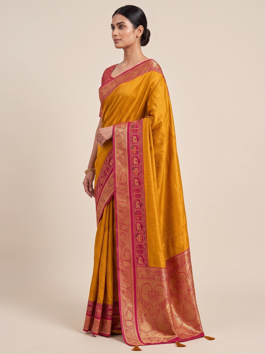 Peachmode Mustard Patola Border Art Silk Saree - Image 5