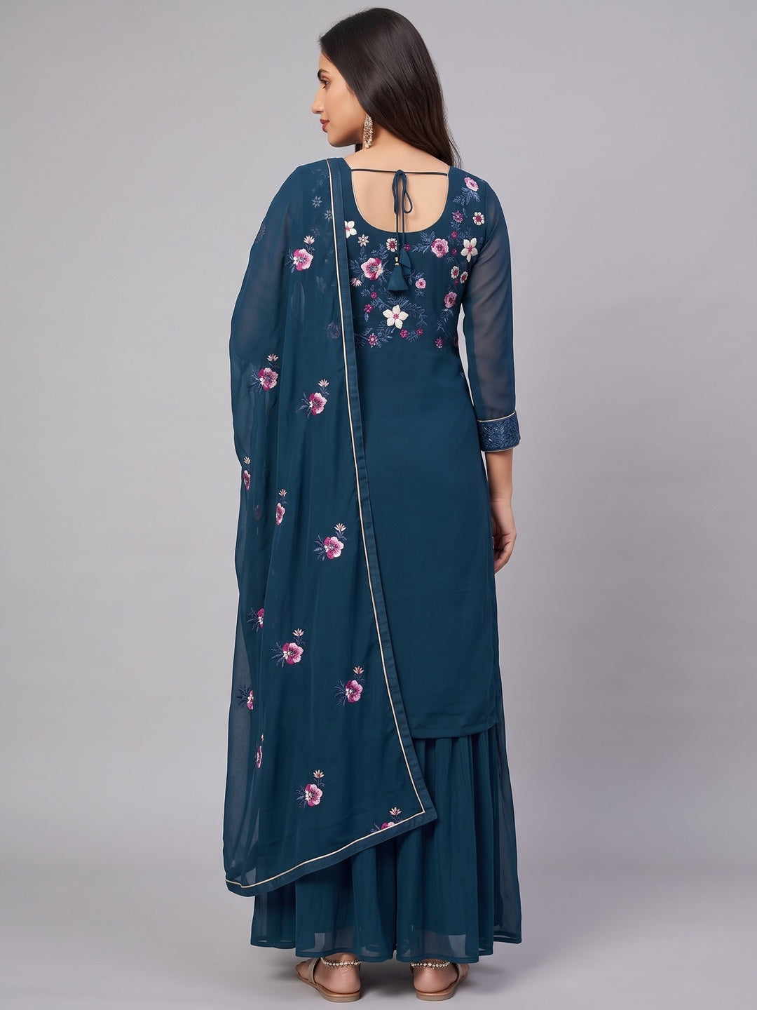 Blue Floral Sequins Embroidered Georgette Semi Stitched Suit - Image 2