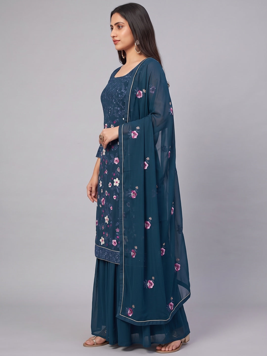 Blue Floral Sequins Embroidered Georgette Semi Stitched Suit - Image 3