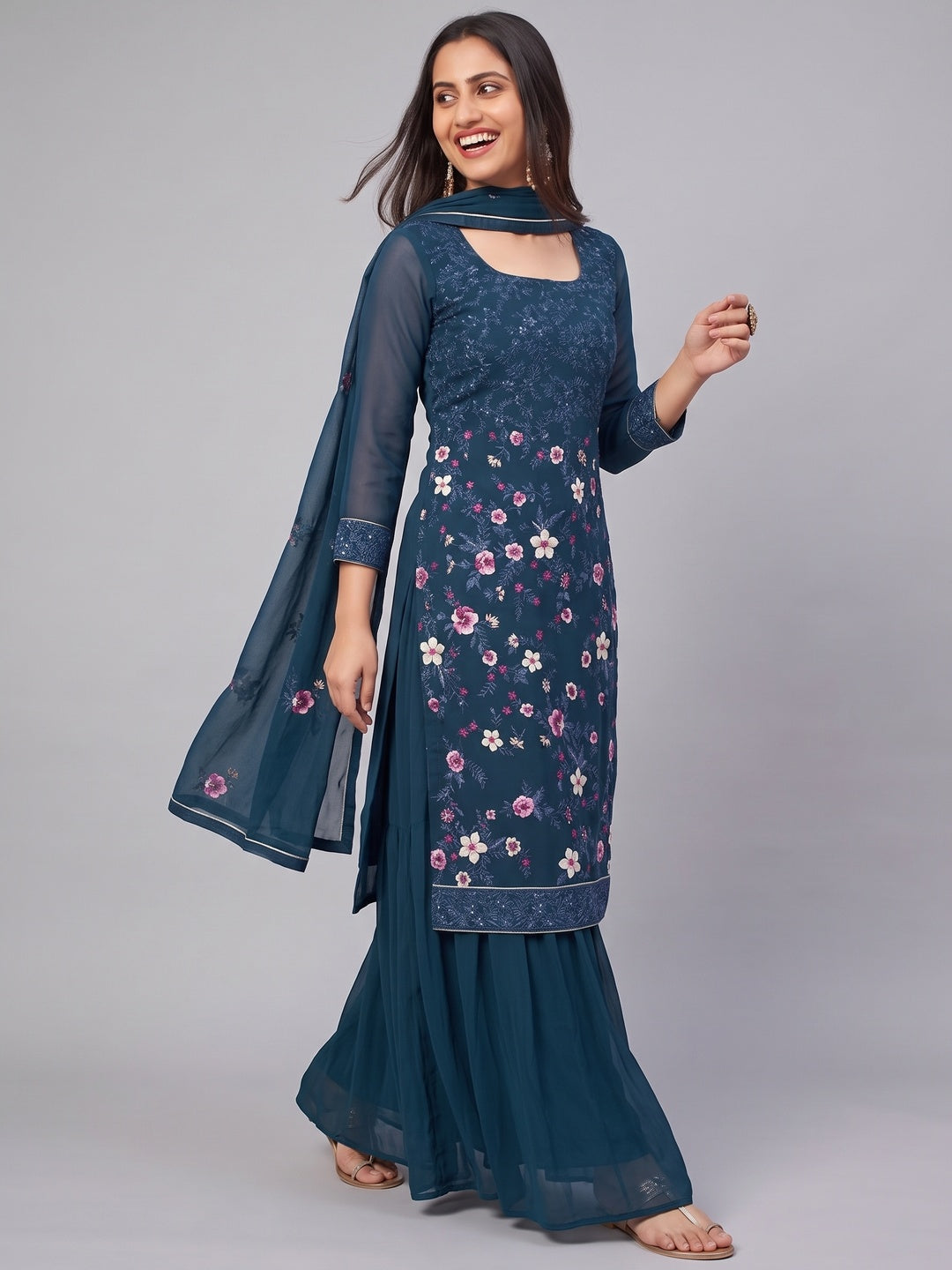 Blue Floral Sequins Embroidered Georgette Semi Stitched Suit - Image 4