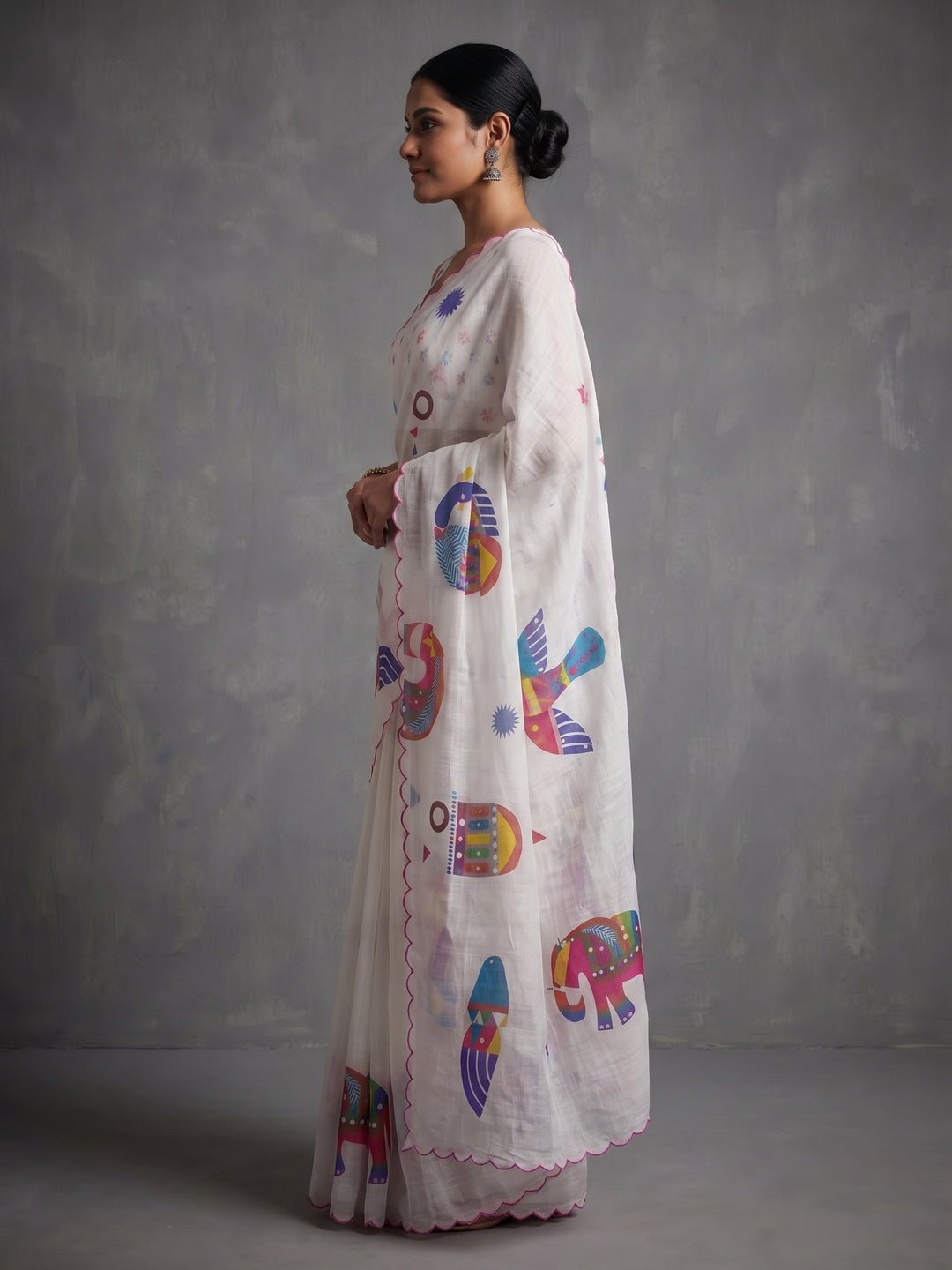 Stylish White Linen Saree with Multicolor Printed Motifs Minimal Elegant Look - Image 3