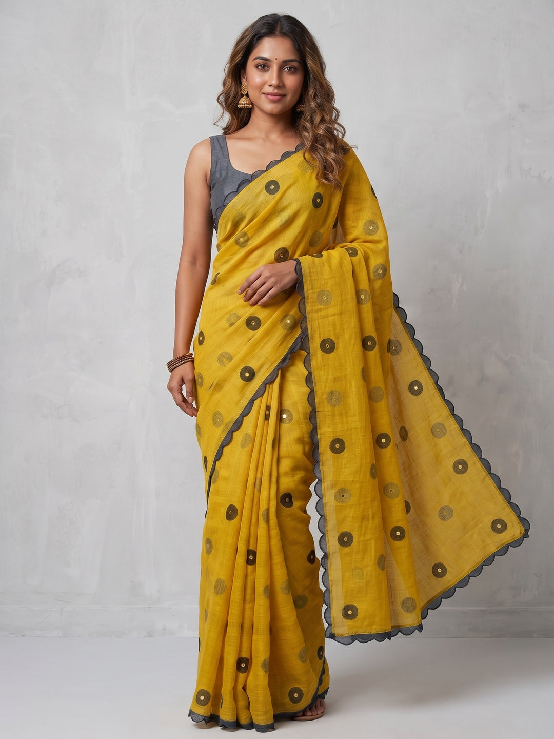Stylish Yellow Linen Saree with Multicolor Printed Motifs Minimal Elegant Look - Image 1
