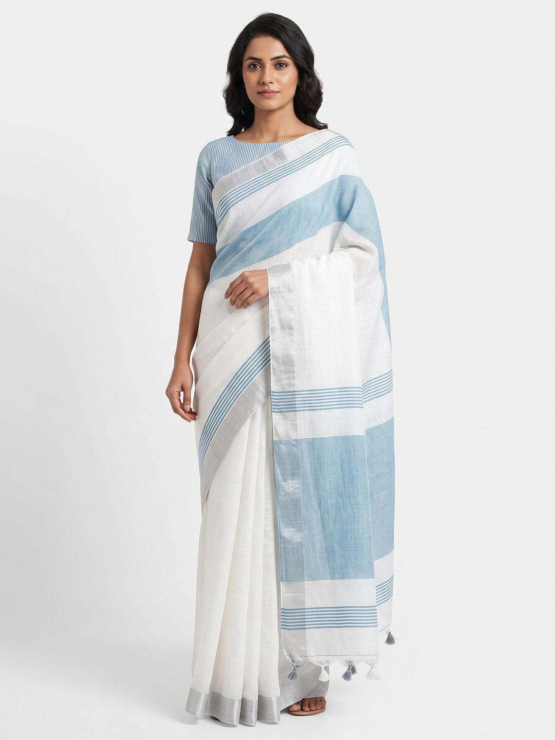 White & Blue Zari Woven Linen Saree With Tassels - Image 1