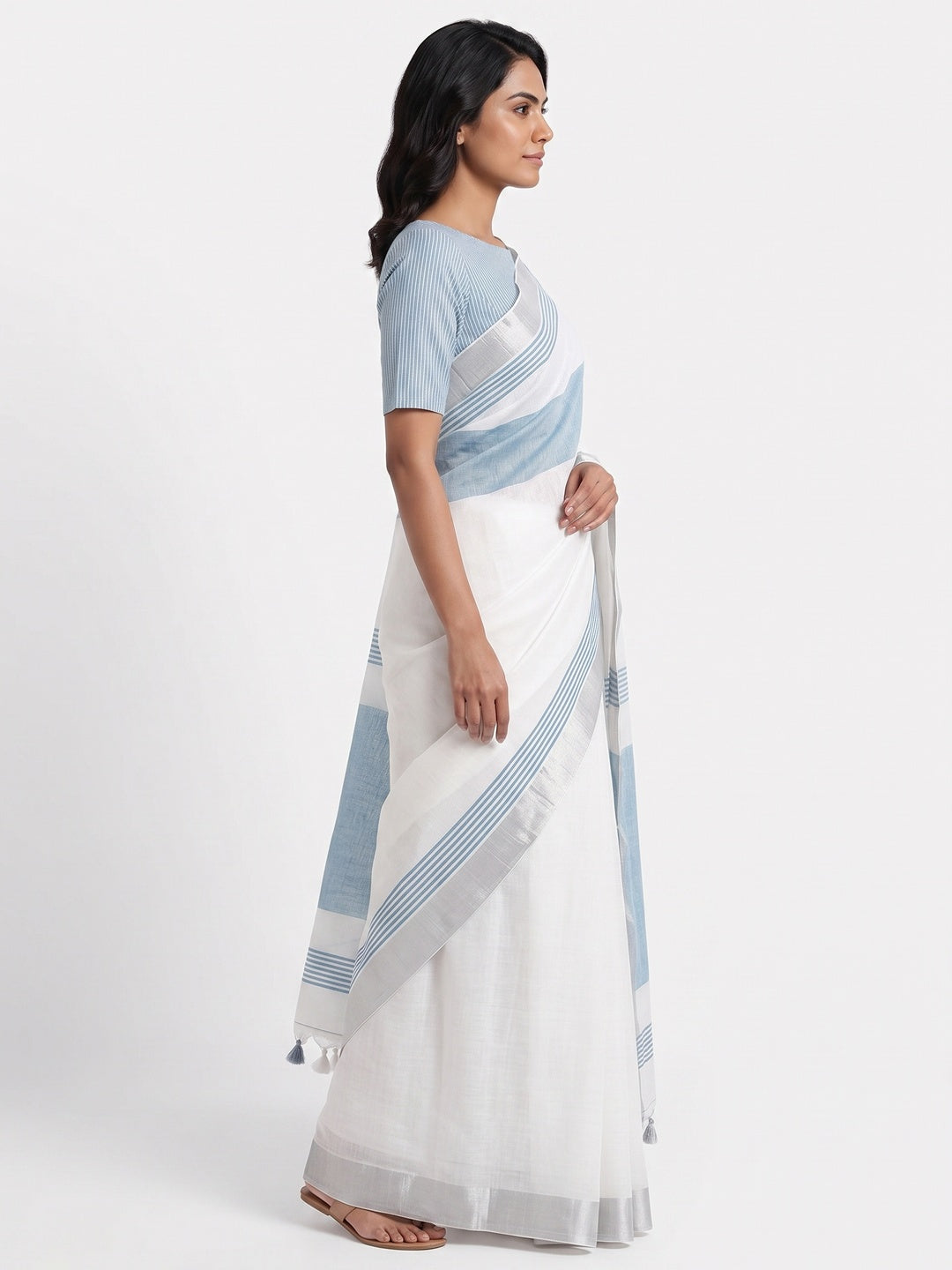 White & Blue Zari Woven Linen Saree With Tassels - Image 3