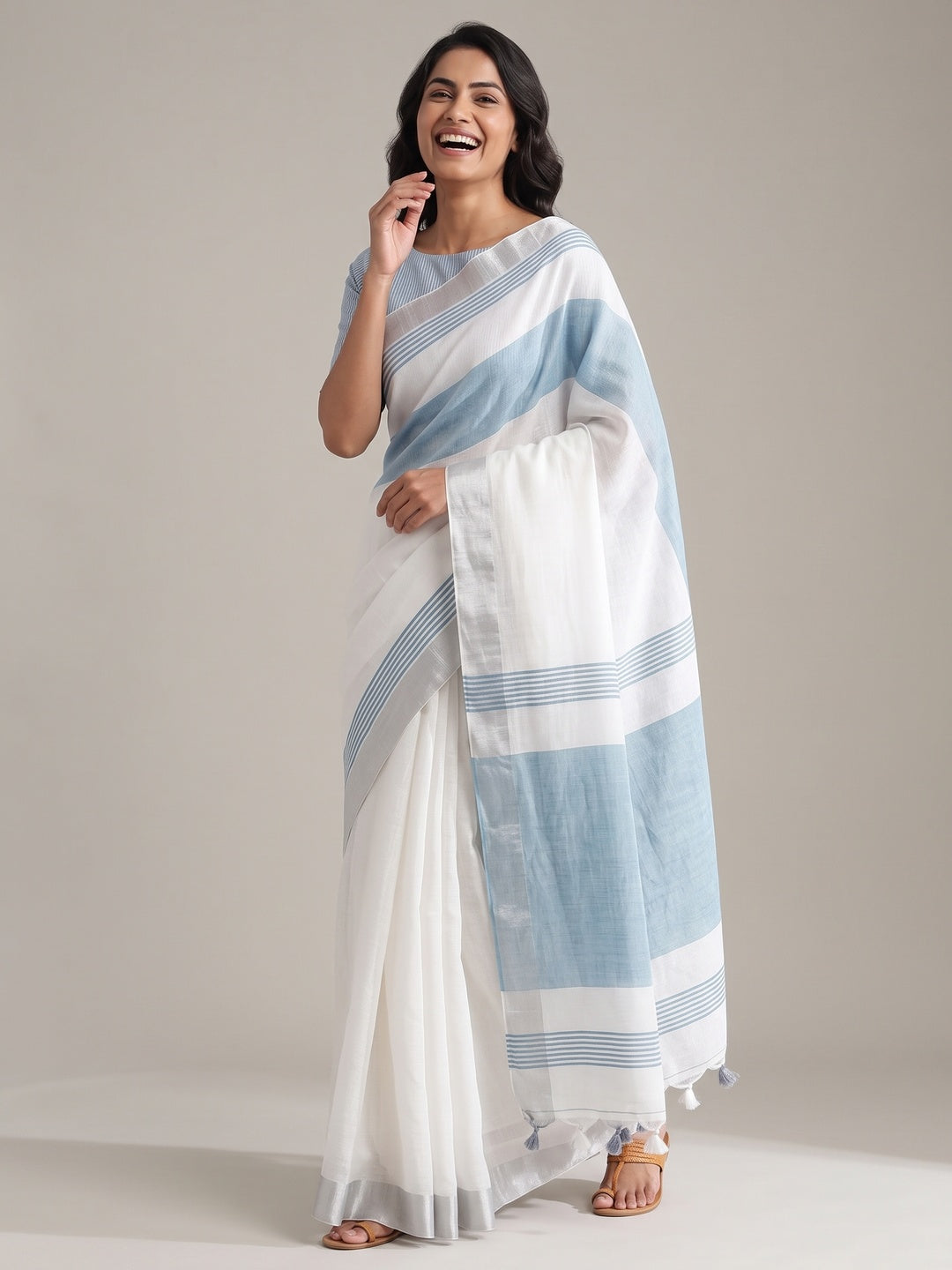 White & Blue Zari Woven Linen Saree With Tassels - Image 4