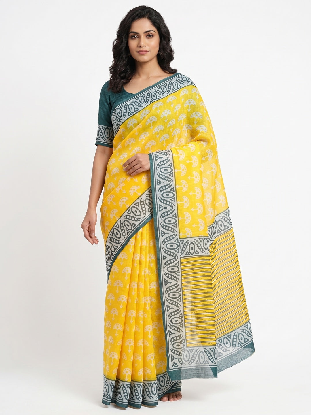 Yellow Floral Print Saree in Breathable Pure Linen Fabric - Image 1
