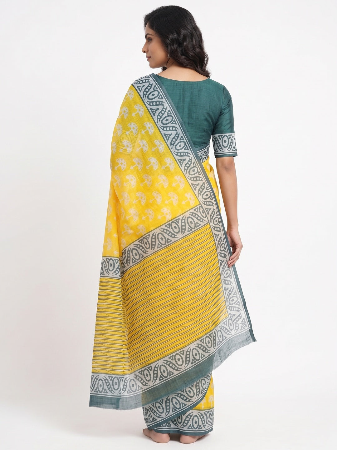 Yellow Floral Print Saree in Breathable Pure Linen Fabric - Image 2