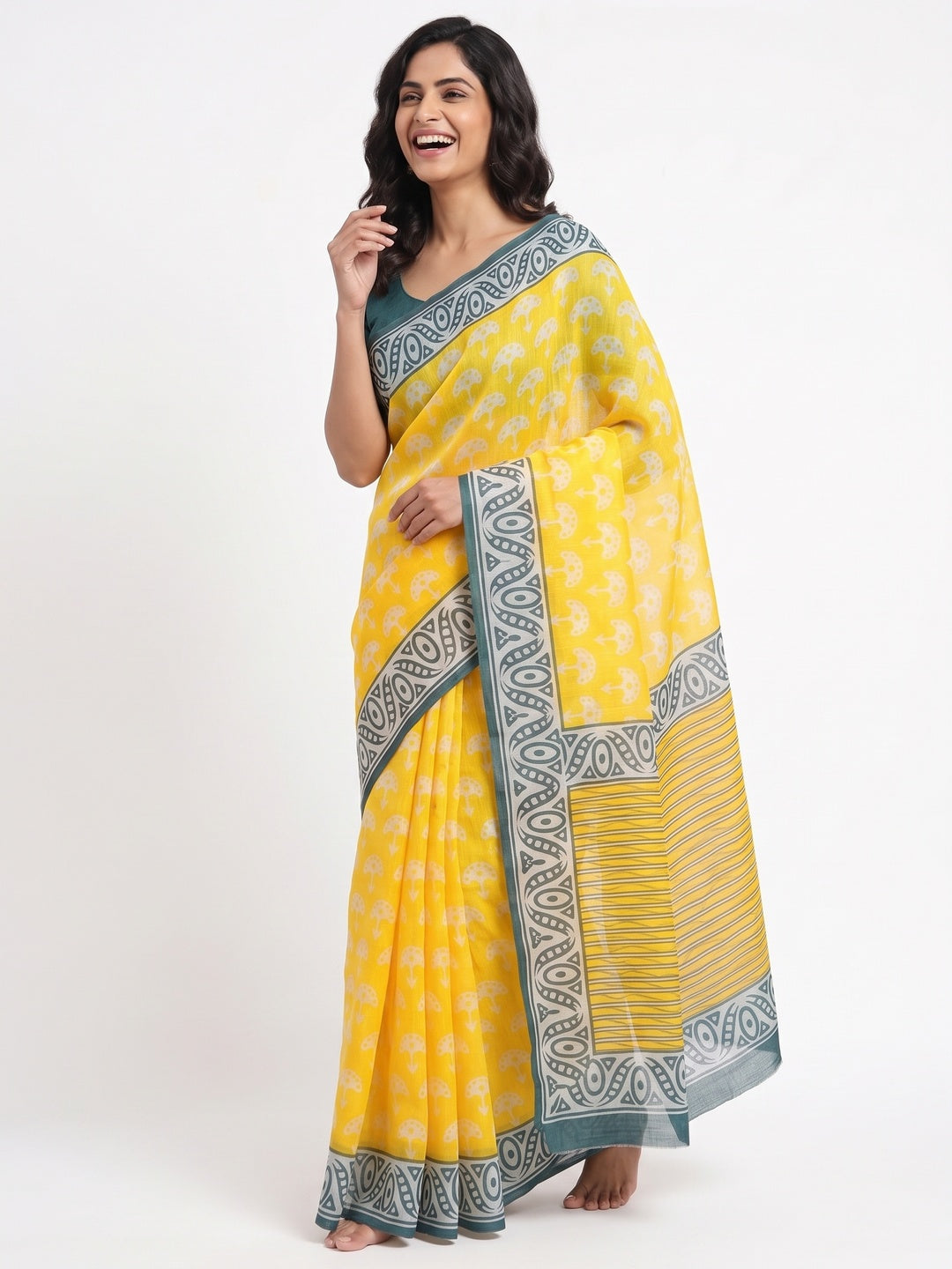 Yellow Floral Print Saree in Breathable Pure Linen Fabric - Image 4