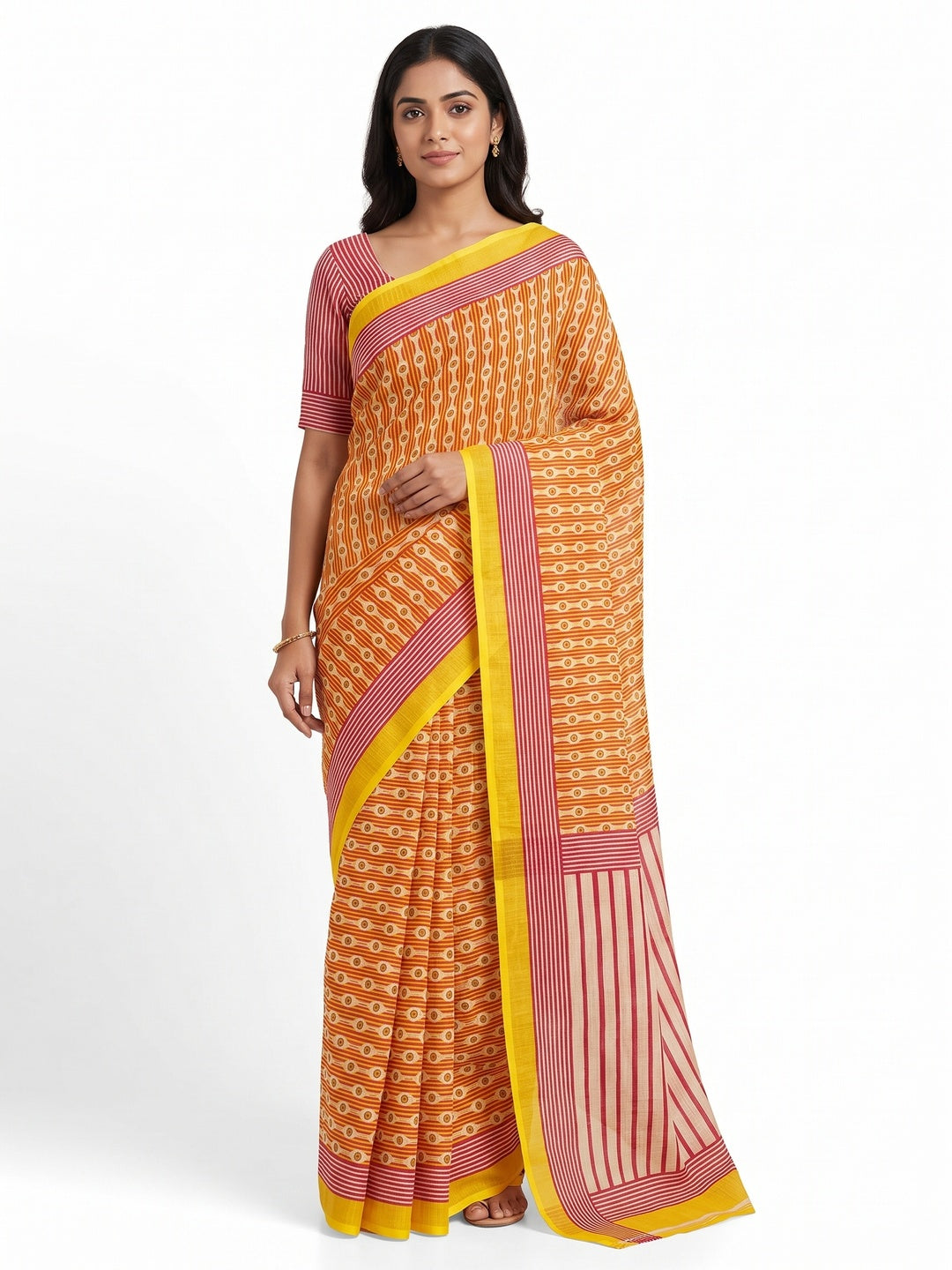 Multicolor Soft Linen Saree with Artistic Print Detailing - Image 1
