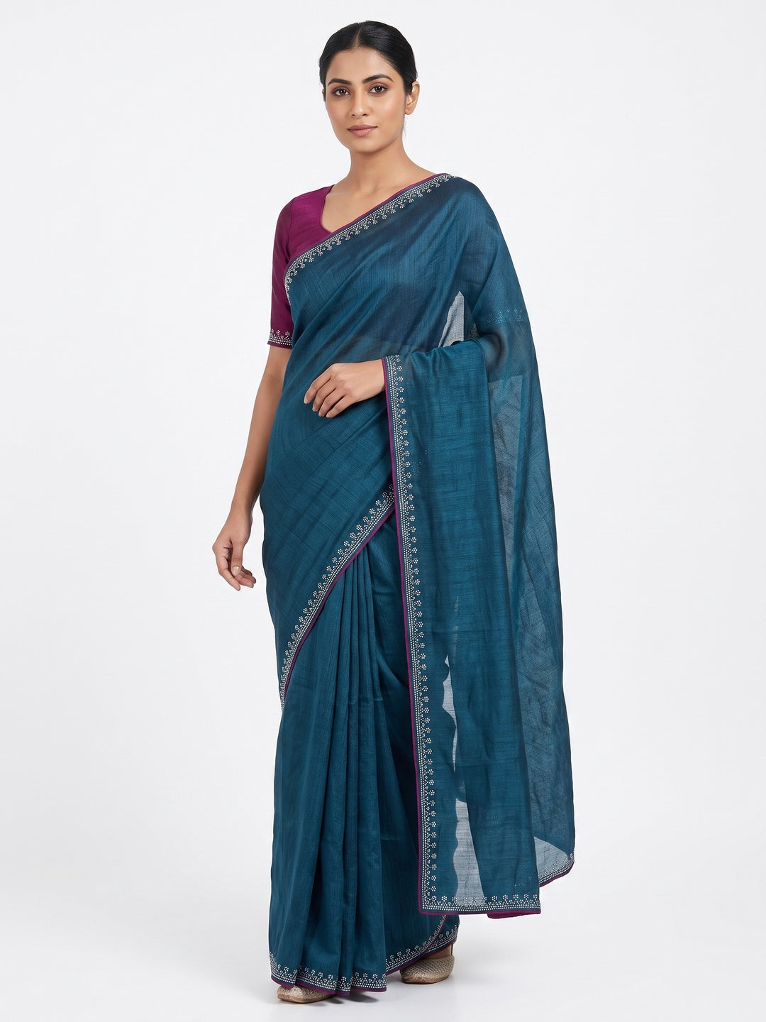 Teal Partywear Vichitra Silk Saree Featuring Exquisite Swarovski Stone Work - Image 1