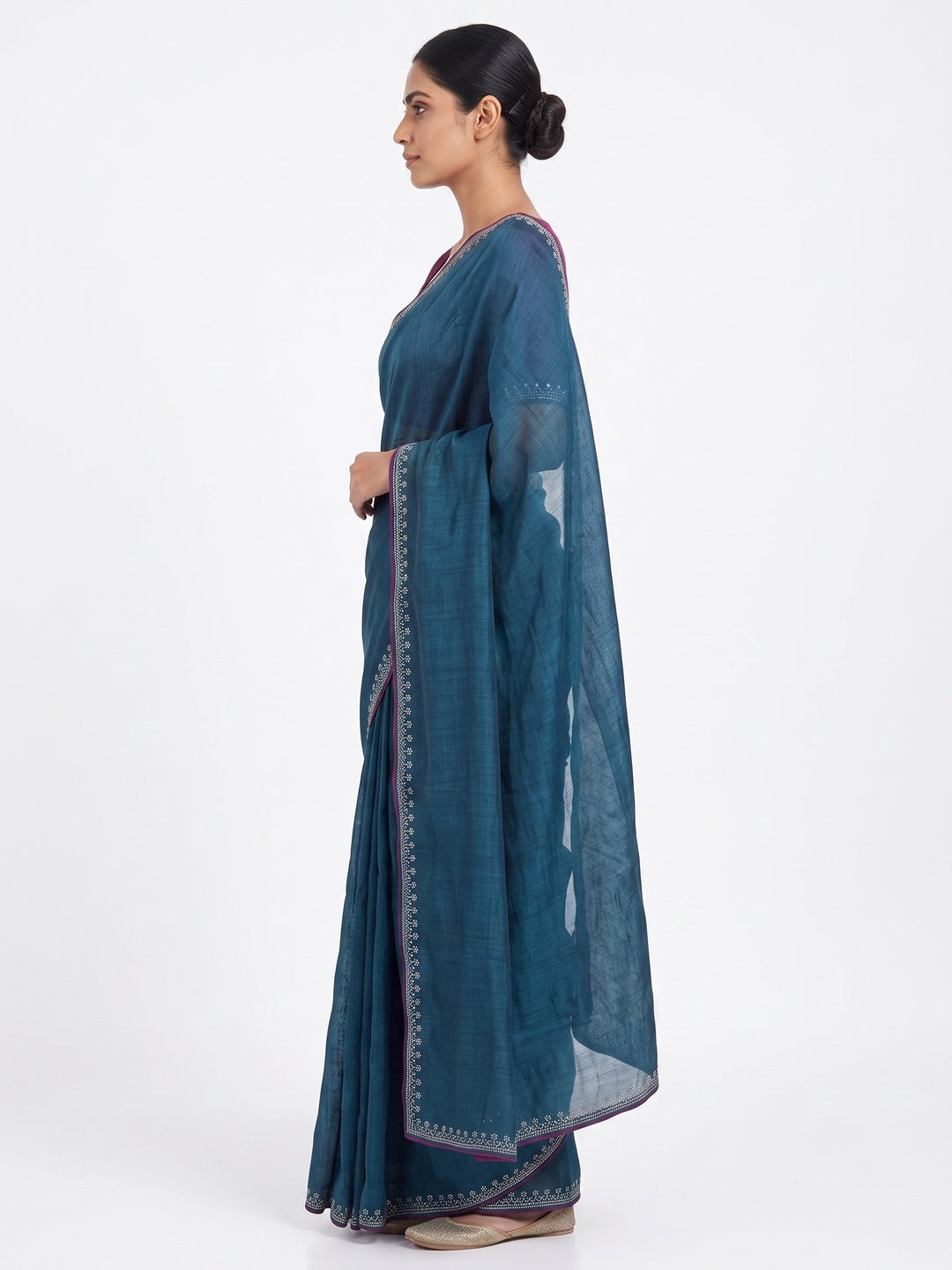 Teal Partywear Vichitra Silk Saree Featuring Exquisite Swarovski Stone Work - Image 3