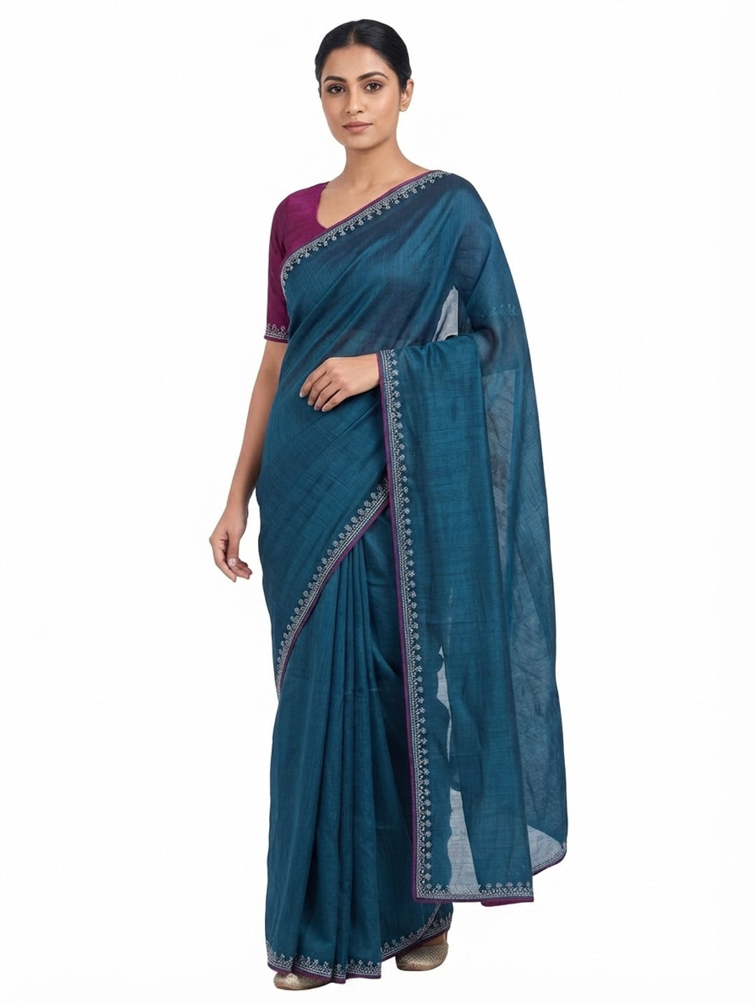 Teal Partywear Vichitra Silk Saree Featuring Exquisite Swarovski Stone Work - Image 5