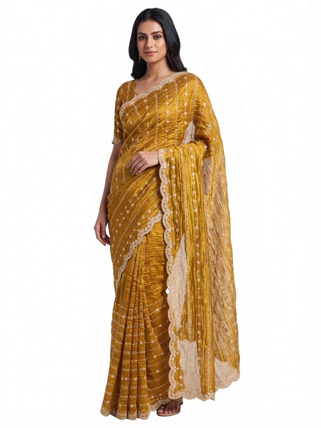 Elegant Golden Silk Saree Adorned With Floral Sequins Embroidery & Cutwork Zari Border - Image 5