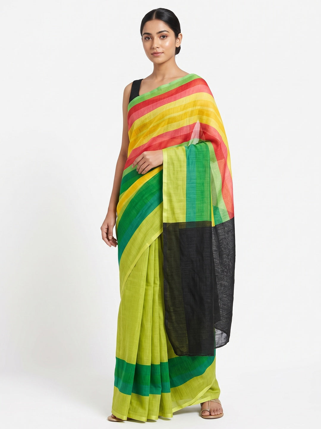 Soft & Comfortable Green Linen Saree with Modern Printed Styling - Image 1