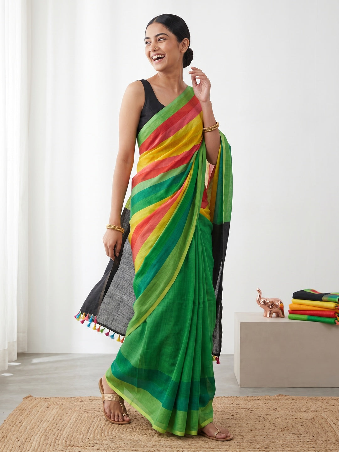Soft & Comfortable Green Linen Saree with Modern Printed Styling - Image 4