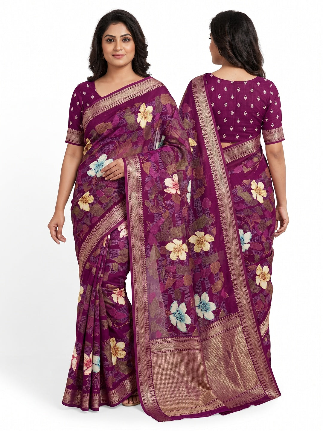 Classic Wine Floral Printed Cotton Blend Saree With Elegant Zari Weaving Border - Image 1