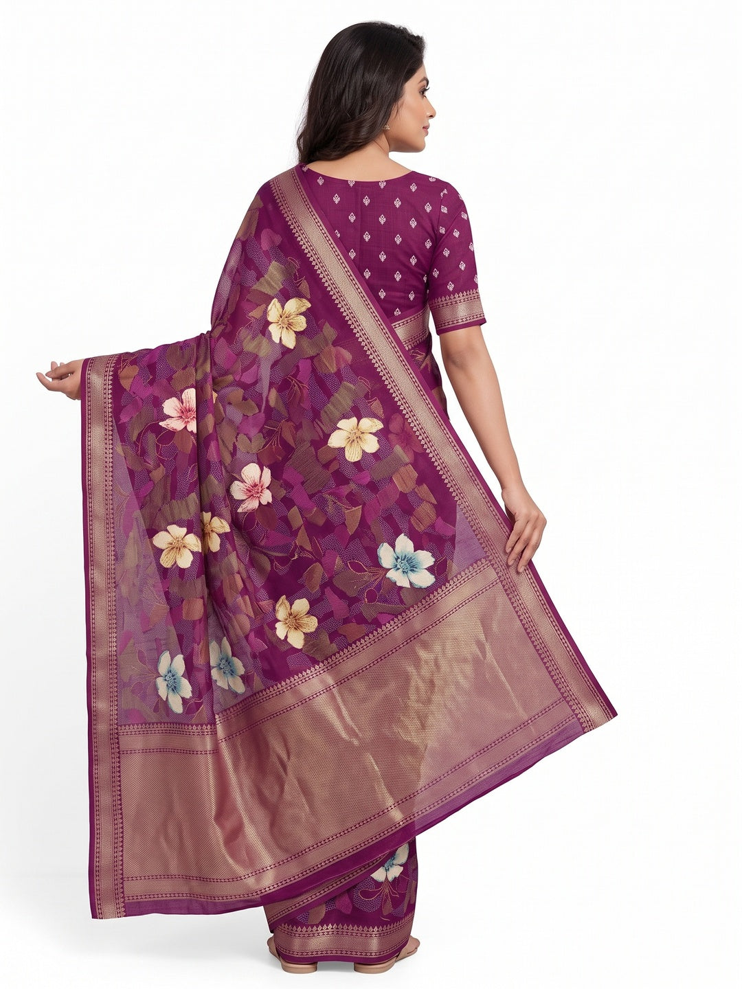Classic Wine Floral Printed Cotton Blend Saree With Elegant Zari Weaving Border - Image 2