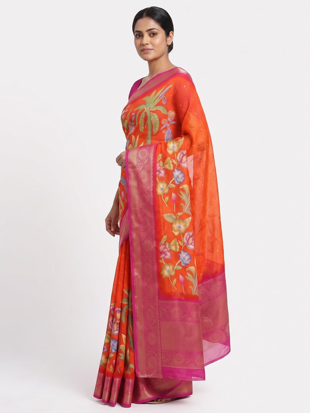 Elegant Orange Peacock & Floral Printed Georgette Saree Accented With Gleaming Weaving Zari Border - Image 3