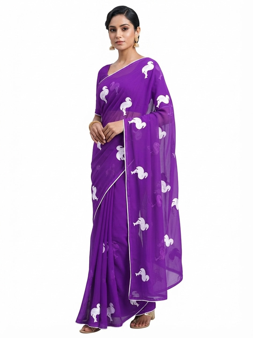 Purple Georgette Saree With Intricate Bird Pattern Thread Embroidery - Image 2