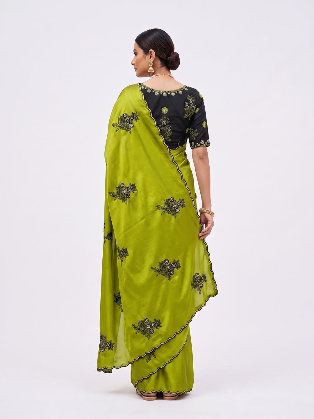 Peachmode Green Rangoli Silk Saree with Mirror and Embroidery Work - Image 5