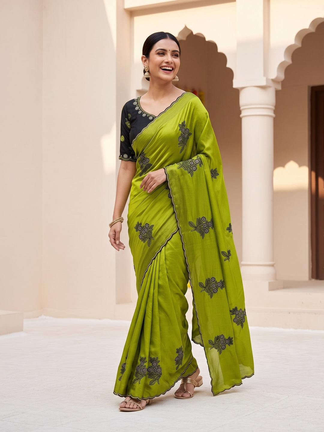 Peachmode Green Rangoli Silk Saree with Mirror and Embroidery Work - Image 7