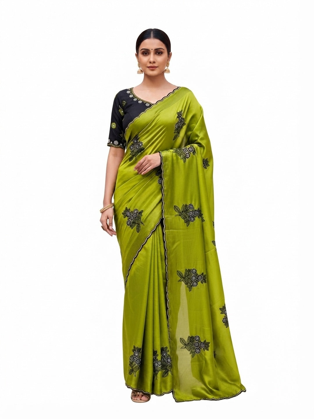 Peachmode Green Rangoli Silk Saree with Mirror and Embroidery Work - Image 8