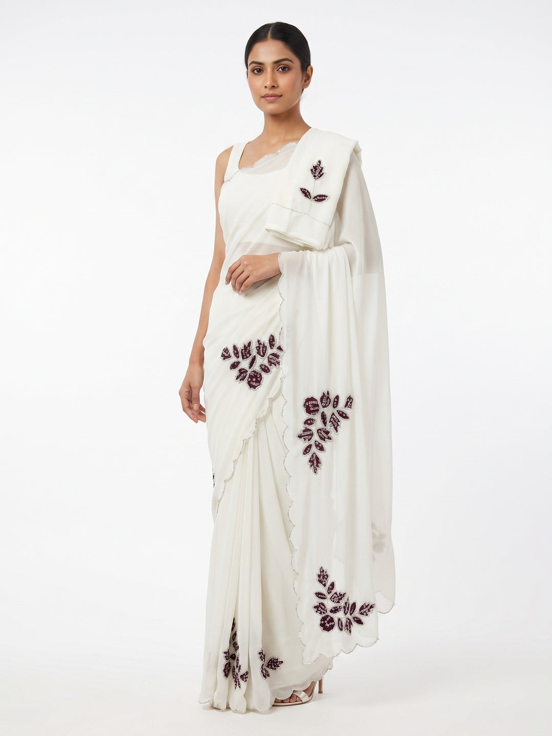 White & Wine Partywear Georgette Saree with Delicate Stone & Bead Work - Image 1